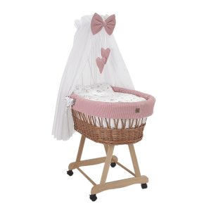 Wiklinowy kosz Mojżesza LENA naturalny z pościelą wafelkową różową - cyrk.