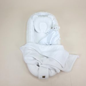 Zestaw TEDDY biały - baranek + MUŚLIN - kokon, podusia, kocyk i przytulanka.