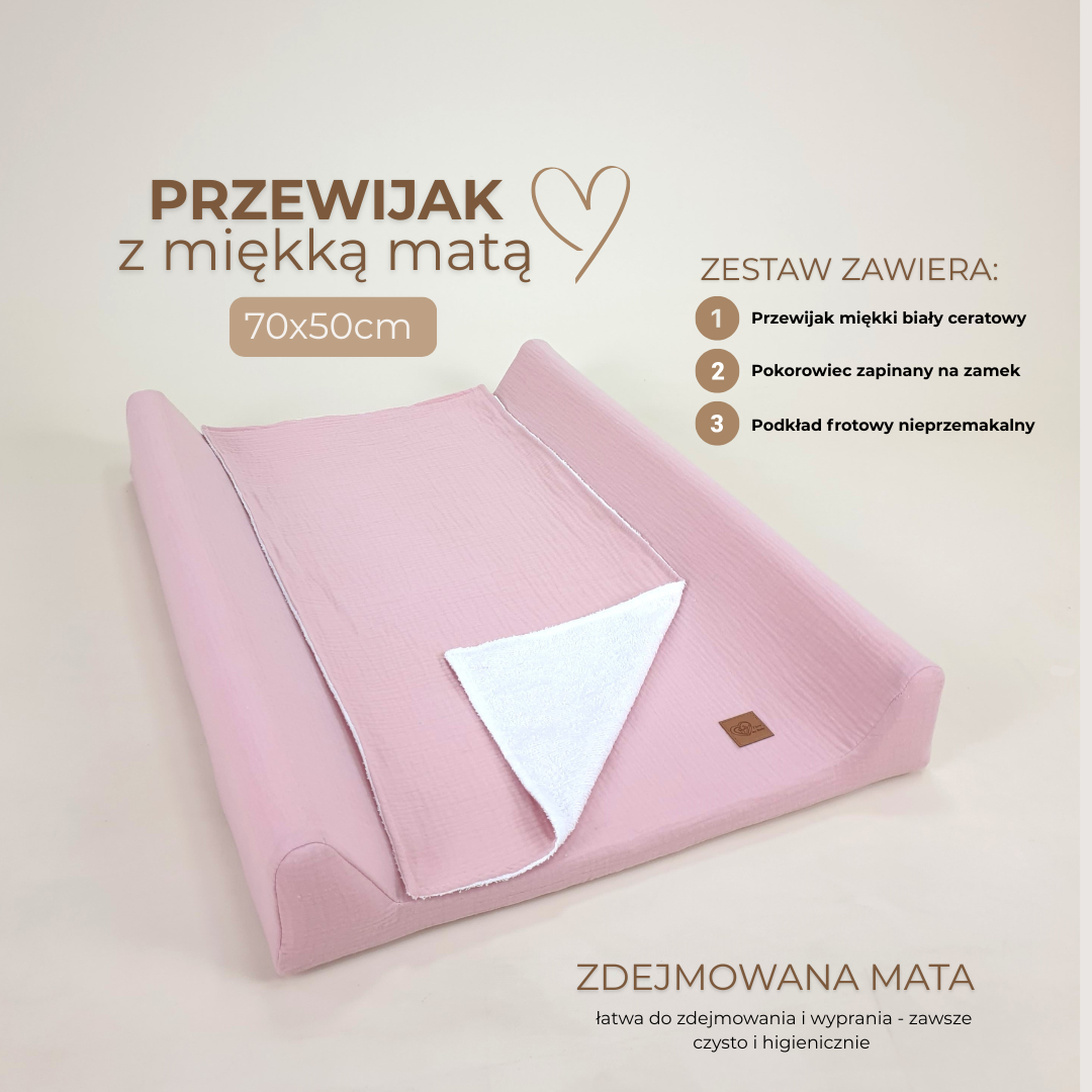 Przewijak miękki dla niemowląt muślin różowy 70x50 – Zestaw 3w1 - obrazek 2