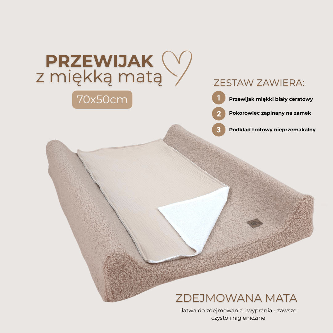 Przewijak miękki dla niemowląt Teddy beżowy 70x50 – Zestaw 3w1 - obrazek 2